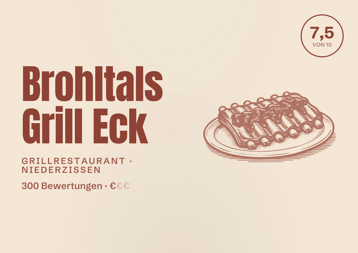 Illustriertes Poster von Brohltals Grill Eck, Grillrestaurant in Niederzissen: Bewertung 7,5 von 10 aus 300 Bewertungen, Preisniveau €