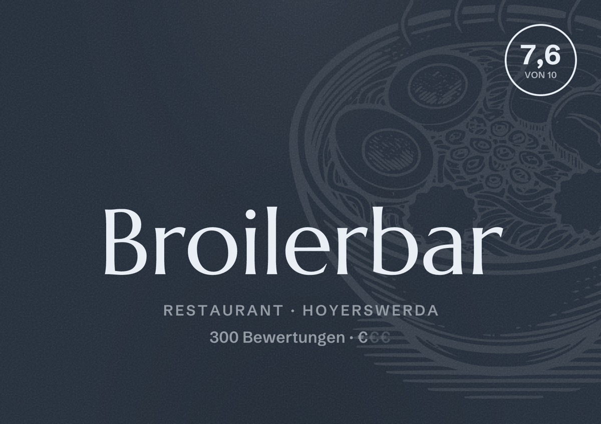 Illustriertes Poster von Broilerbar, Restaurant in Hoyerswerda: Bewertung 7,6 von 10 aus 300 Bewertungen, Preisniveau €