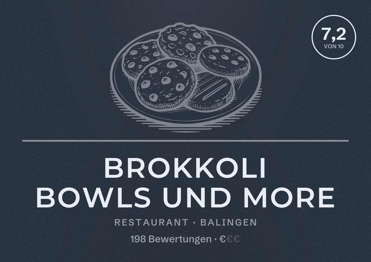 Illustriertes Poster von Brokkoli Bowls Und More, Restaurant in Balingen: Bewertung 7,2 von 10 aus 198 Bewertungen, Preisniveau €