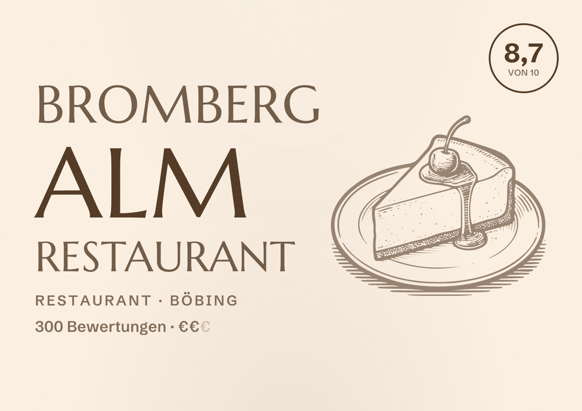 Illustriertes Poster von Bromberg Alm Restaurant, Restaurant in Böbing: Bewertung 8,7 von 10 aus 300 Bewertungen, Preisniveau €€