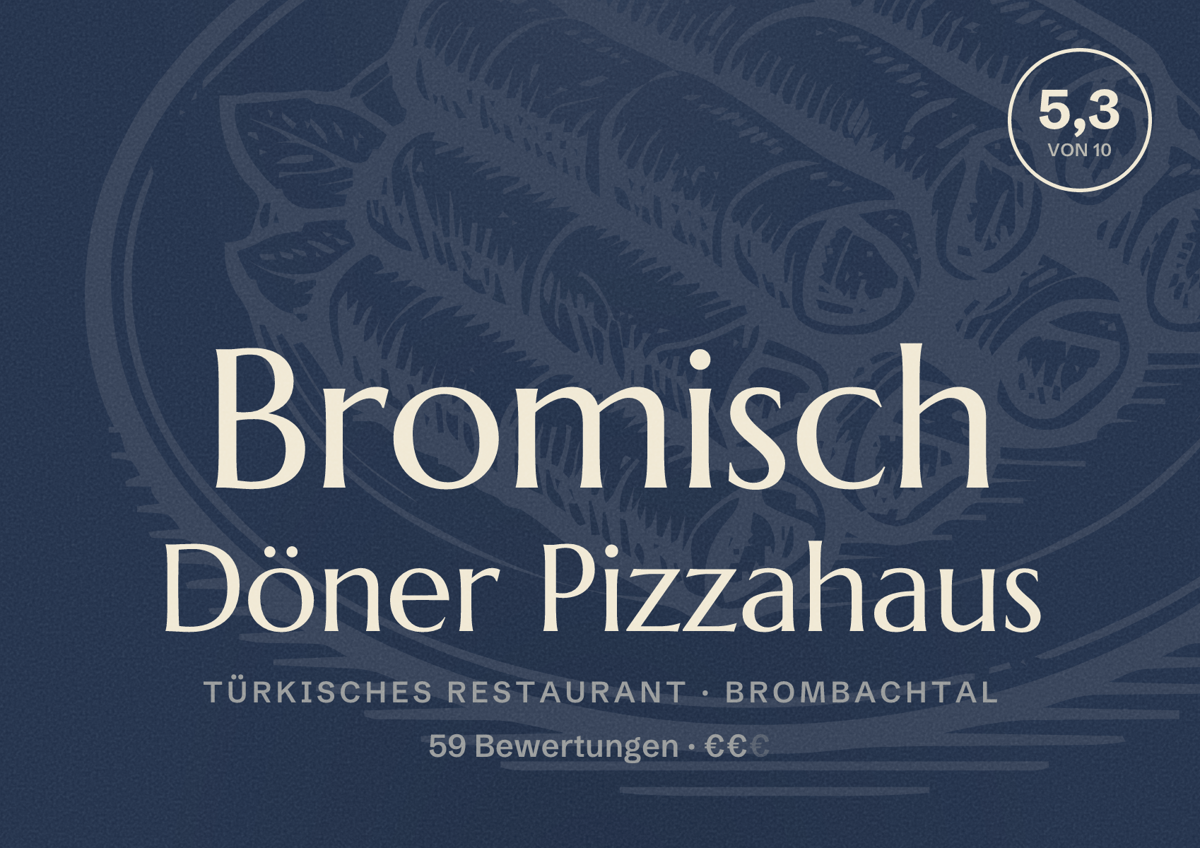 Illustriertes Poster von Bromisch Döner Pizzahaus, Türkisches Restaurant in Brombachtal: Bewertung 5,3 von 10 aus 59 Bewertungen, Preisniveau €€