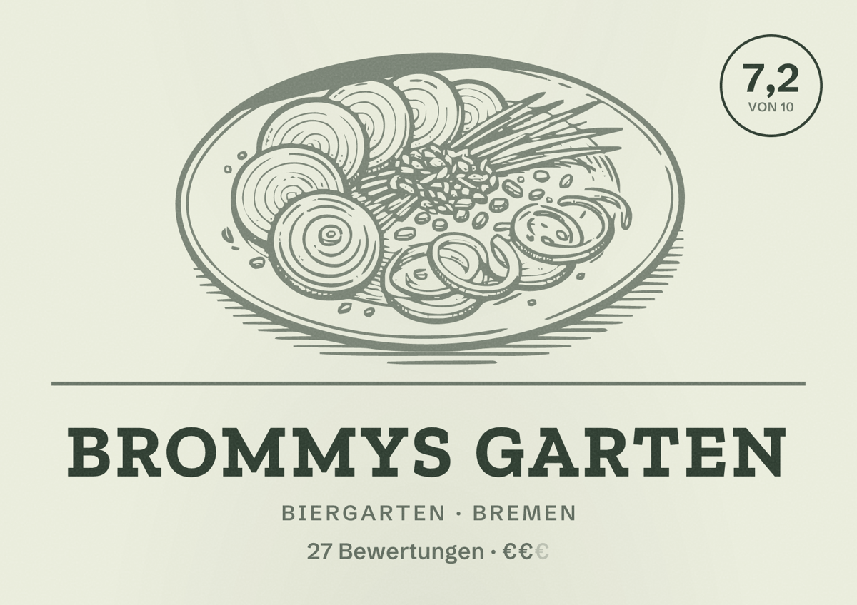 Illustriertes Poster von Brommys Garten, Biergarten in Bremen: Bewertung 7,2 von 10 aus 27 Bewertungen, Preisniveau €€