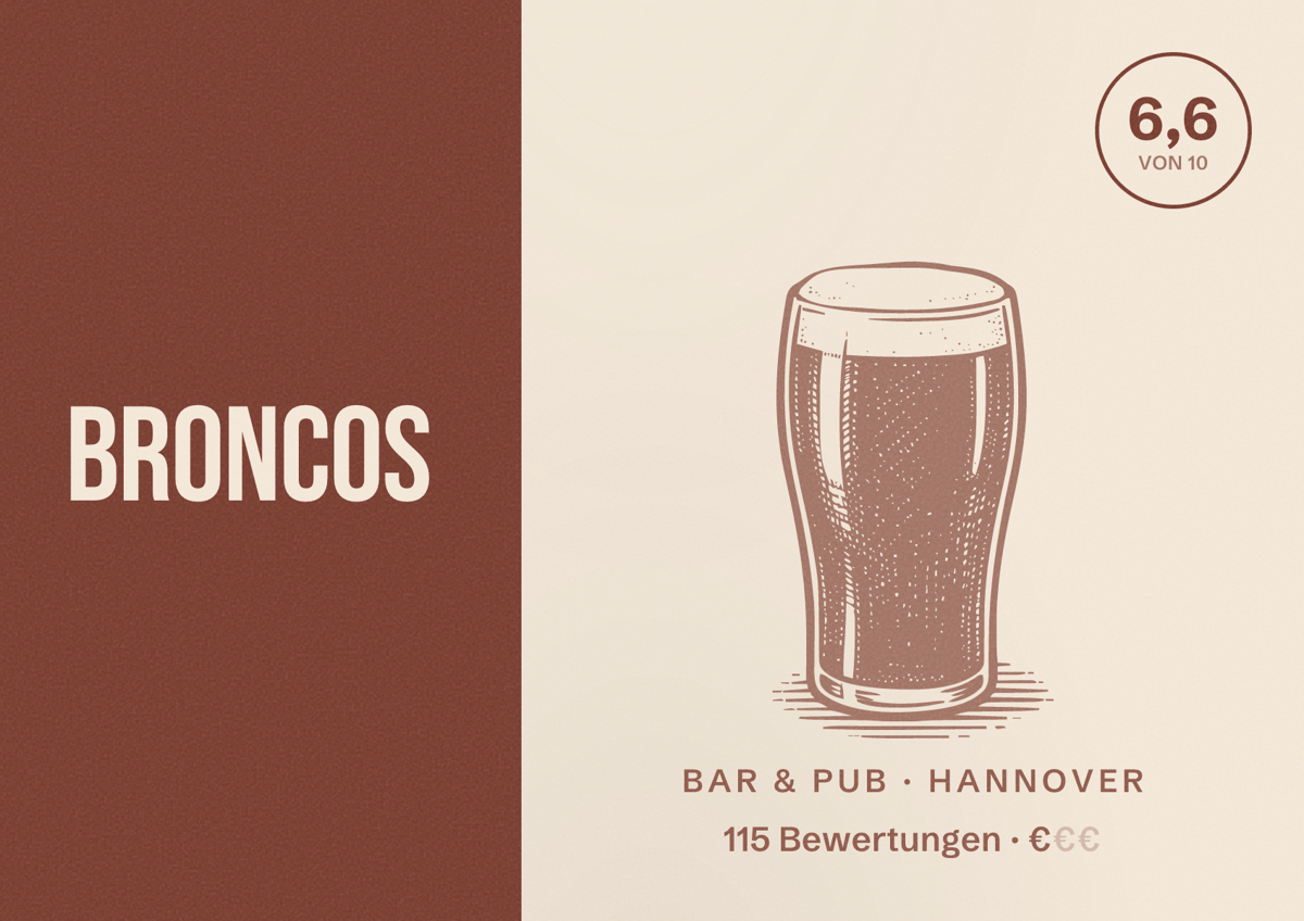 Illustriertes Poster von BRONCOS, Bar & Pub in Hannover: Bewertung 6,6 von 10 aus 115 Bewertungen, Preisniveau €