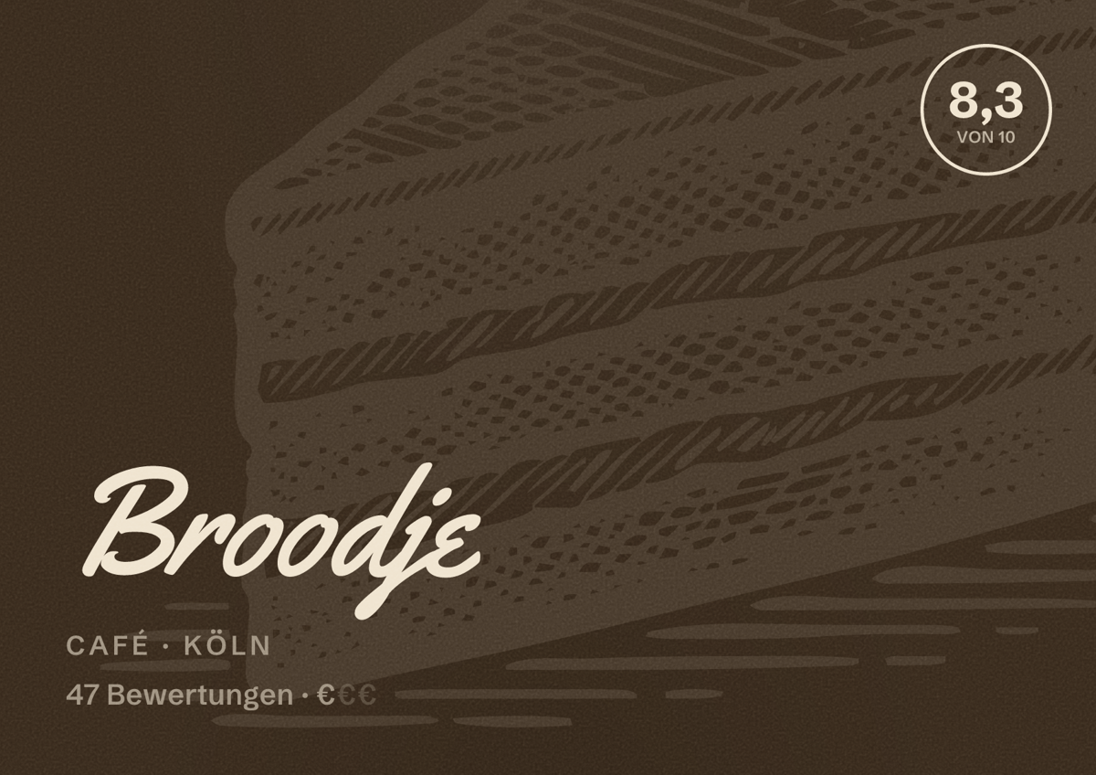 Illustriertes Poster von Broodje, Café in Köln: Bewertung 8,3 von 10 aus 47 Bewertungen, Preisniveau €