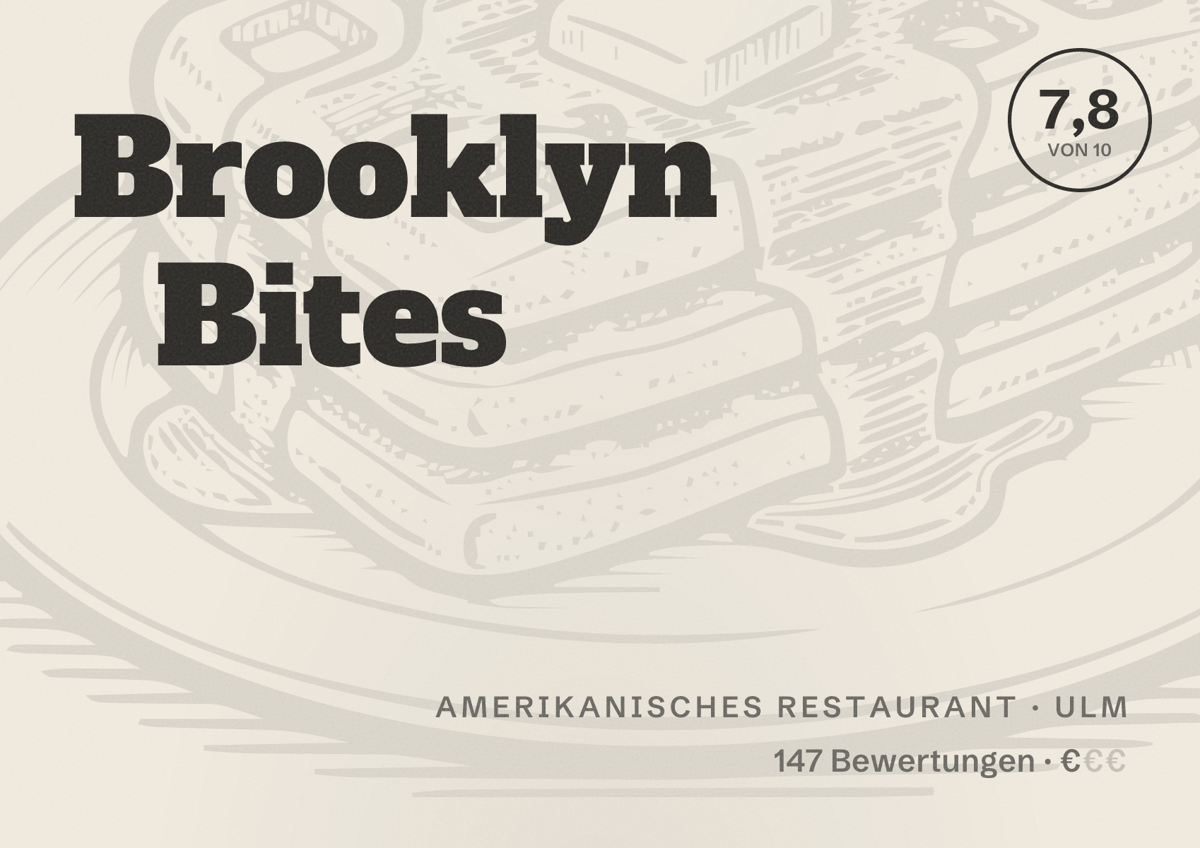 Illustriertes Poster von Brooklyn Bites, Amerikanisches Restaurant in Ulm: Bewertung 7,8 von 10 aus 147 Bewertungen, Preisniveau €