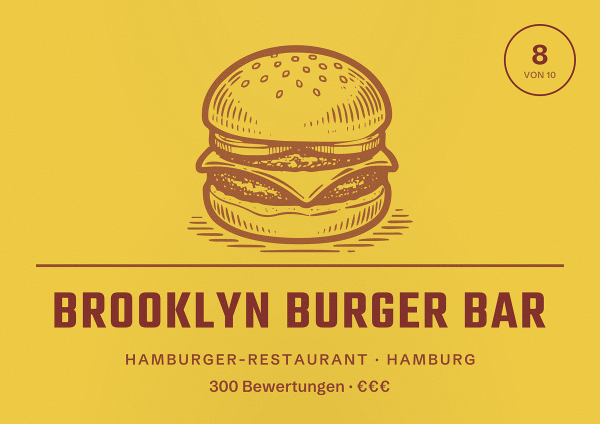 Illustriertes Poster von Brooklyn Burger Bar, Hamburger-Restaurant in Hamburg: Bewertung 8,0 von 10 aus 300 Bewertungen, Preisniveau €€€