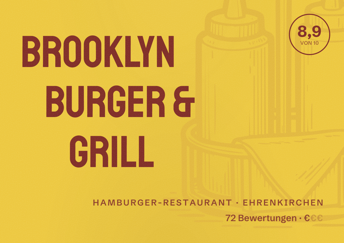 Illustriertes Poster von Brooklyn Burger & Grill, Hamburger-Restaurant in Ehrenkirchen: Bewertung 8,9 von 10 aus 72 Bewertungen, Preisniveau €