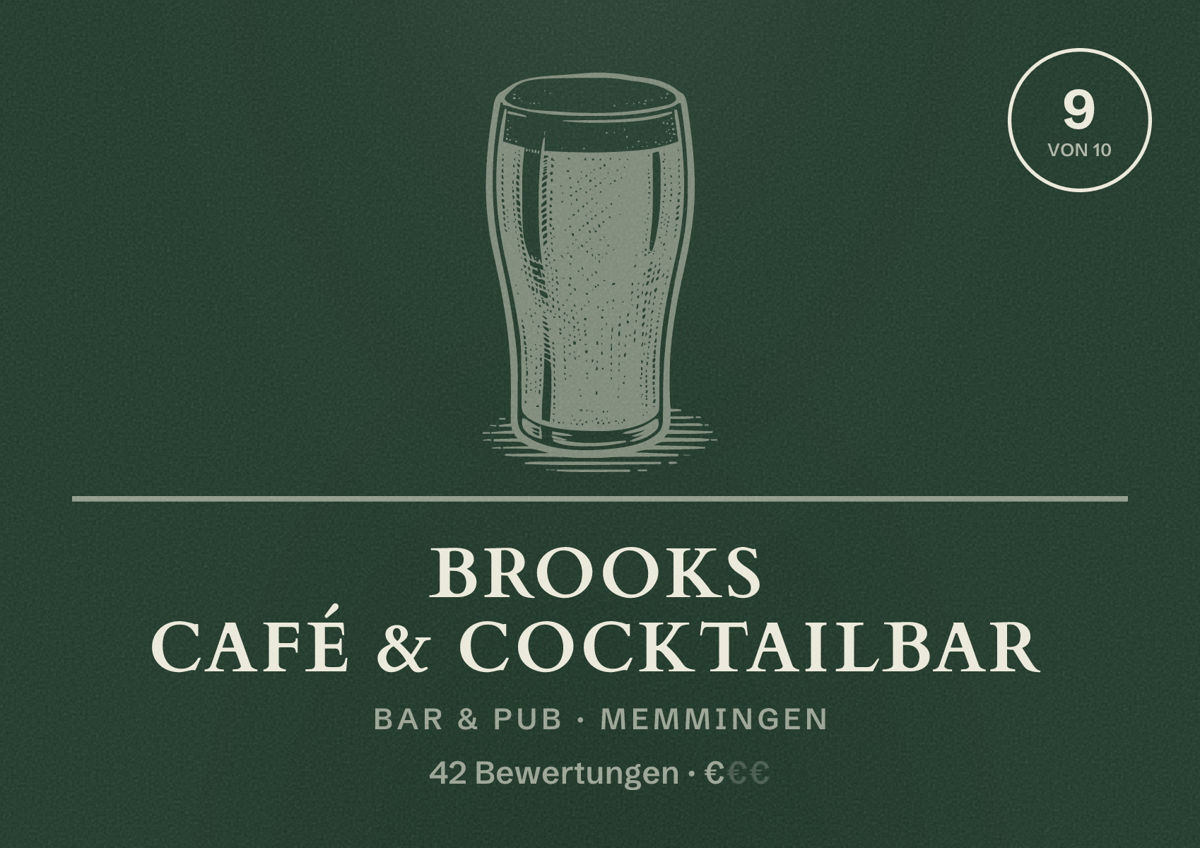 Illustriertes Poster von Brooks Café & Cocktailbar, Bar & Pub in Memmingen: Bewertung 9 von 10 aus 42 Bewertungen, Preisniveau €