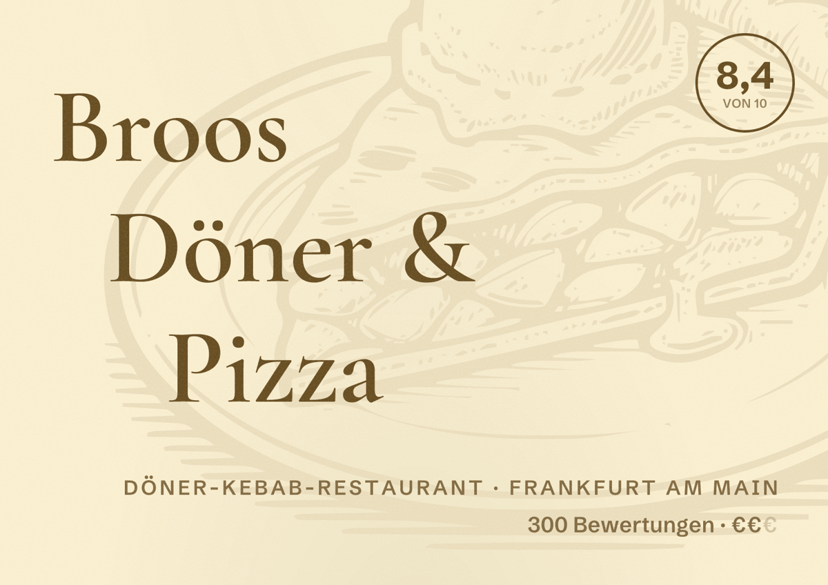 Illustriertes Poster von Broos Döner & Pizza, Döner-Kebab-Restaurant in Frankfurt am Main: Bewertung 8,4 von 10 aus 300 Bewertungen, Preisniveau €€