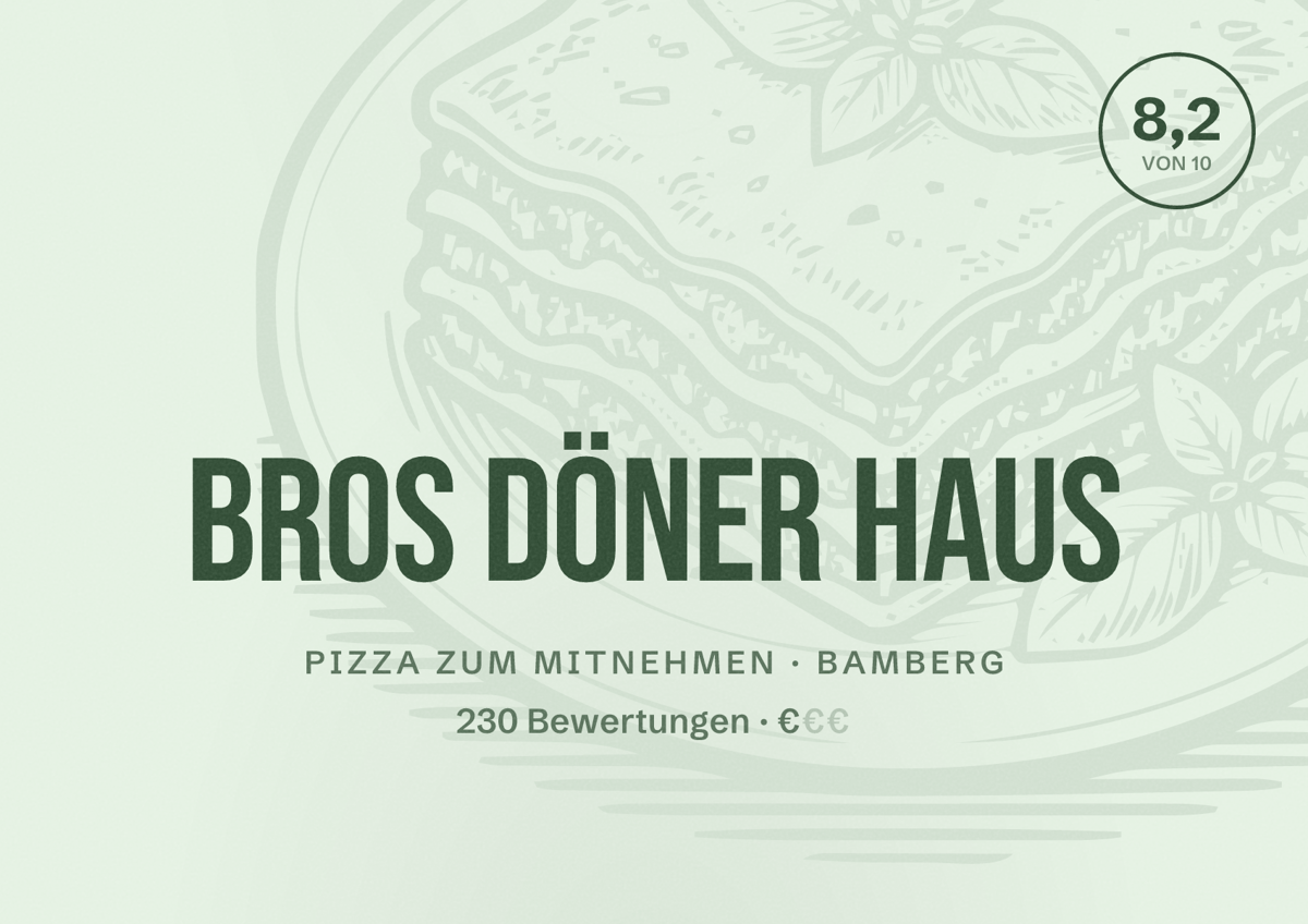 Illustriertes Poster von Bros Döner Haus, Pizza zum Mitnehmen in Bamberg: Bewertung 8,2 von 10 aus 230 Bewertungen, Preisniveau €