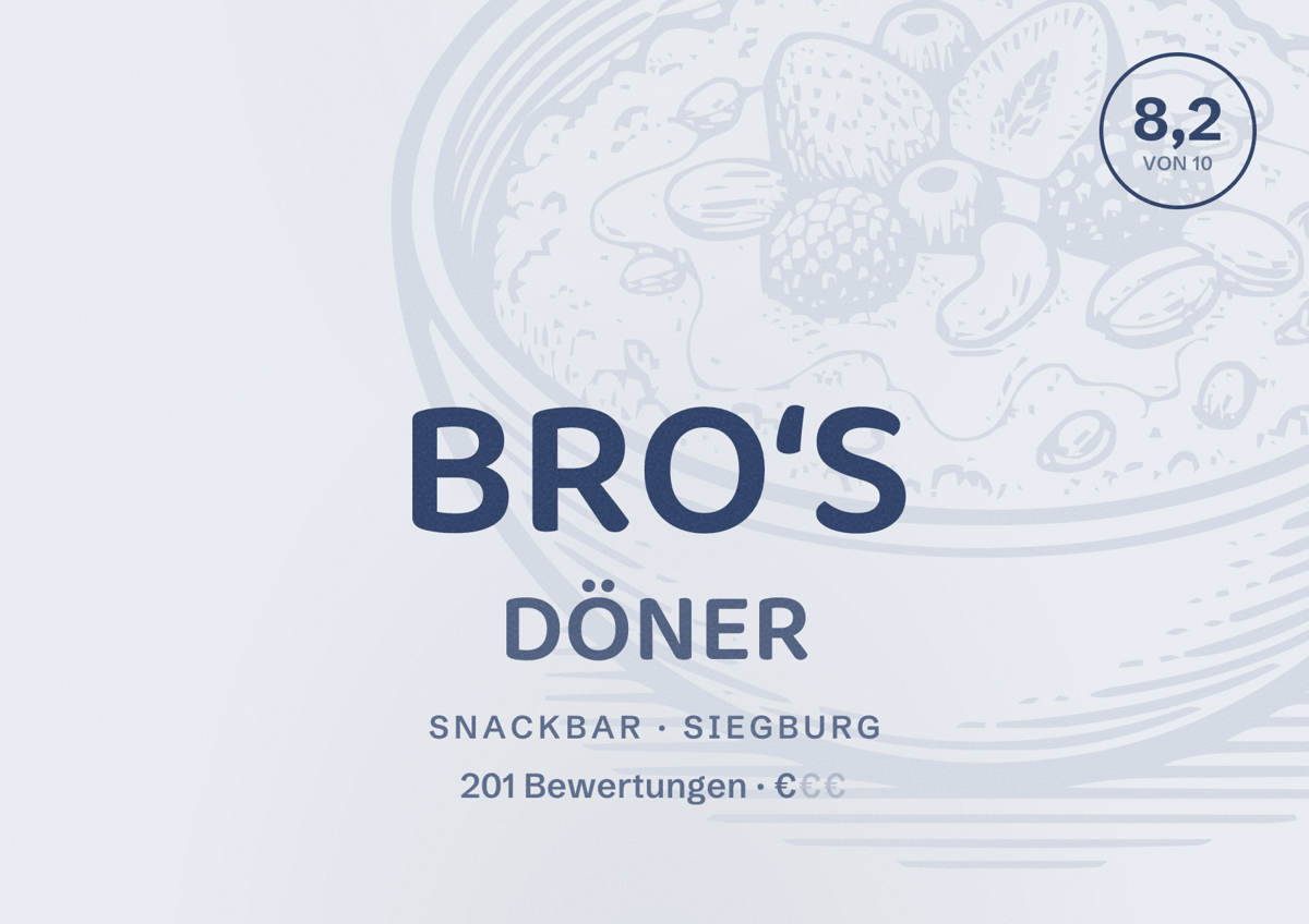 Illustriertes Poster von BRO‘S DÖNER, Snackbar in Siegburg: Bewertung 8,2 von 10 aus 201 Bewertungen, Preisniveau €