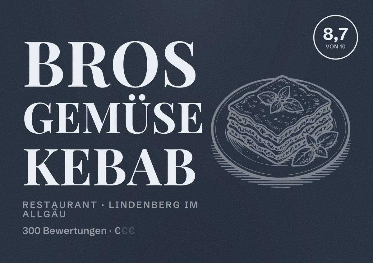 Illustriertes Poster von Bros Gemüse Kebab, Restaurant in Lindenberg im Allgäu: Bewertung 8,7 von 10 aus 300 Bewertungen, Preisniveau €