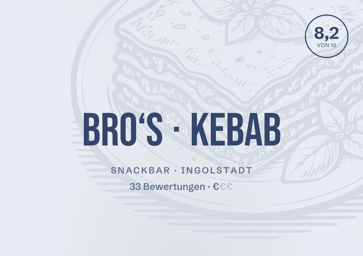 Illustriertes Poster von Bro‘S Kebab, Snackbar in Ingolstadt: Bewertung 8,2 von 10 aus 33 Bewertungen, Preisniveau €