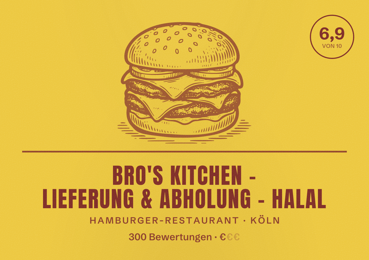 Illustriertes Poster von Bro's Kitchen - Lieferung & Abholung - Halal, Hamburger-Restaurant in Köln: Bewertung 6,9 von 10 aus 300 Bewertungen, Preisniveau €