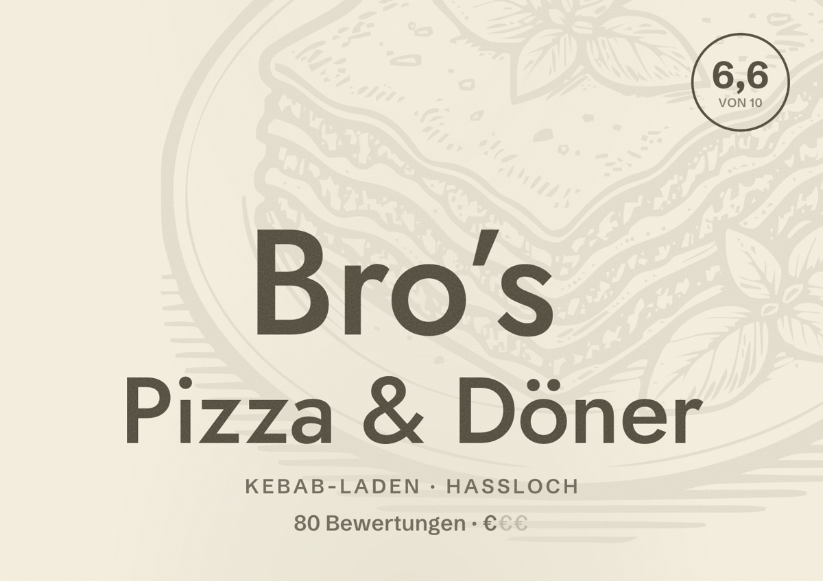 Illustriertes Poster von Bro’s Pizza & Döner, Kebab-Laden in Haßloch: Bewertung 6,6 von 10 aus 80 Bewertungen, Preisniveau €