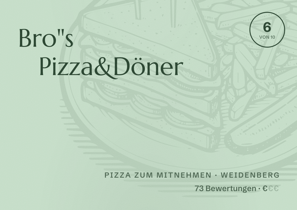 Illustriertes Poster von Bro"s Pizza&Döner, Pizza zum Mitnehmen in Weidenberg: Bewertung 6 von 10 aus 73 Bewertungen, Preisniveau €