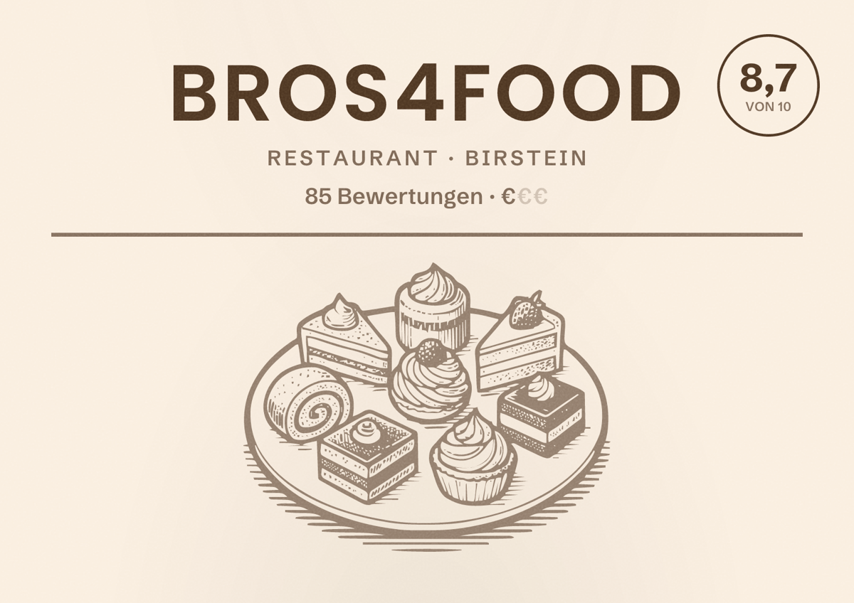 Illustriertes Poster von Bros4Food, Restaurant in Birstein: Bewertung 8,7 von 10 aus 85 Bewertungen, Preisniveau €