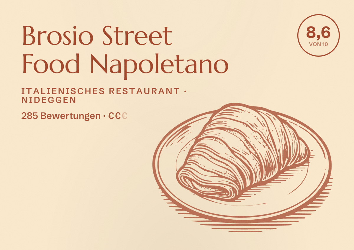 Illustriertes Poster von Brosio Street Food Napoletano, Italienisches Restaurant in Nideggen: Bewertung 8,6 von 10 aus 285 Bewertungen, Preisniveau €€