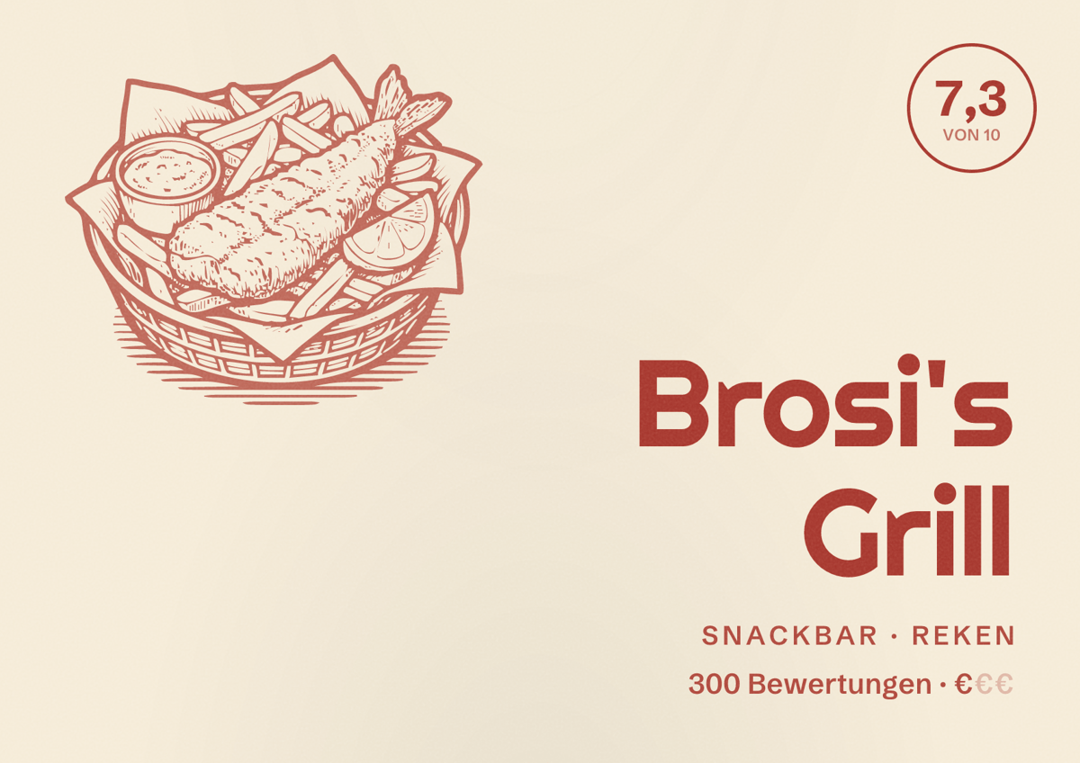 Illustriertes Poster von Brosi's Grill, Snackbar in Reken: Bewertung 7,3 von 10 aus 300 Bewertungen, Preisniveau €