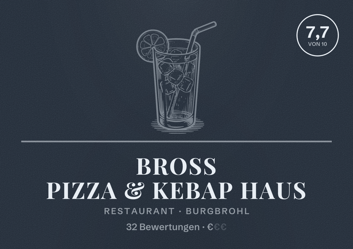 Illustriertes Poster von BROSS PIZZA & KEBAP HAUS, Restaurant in Burgbrohl: Bewertung 7,7 von 10 aus 32 Bewertungen, Preisniveau €