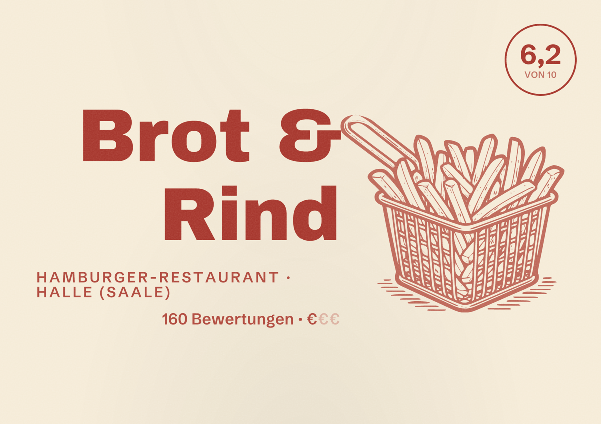 Illustriertes Poster von Brot & Rind, Hamburger-Restaurant in Halle (Saale): Bewertung 6,2 von 10 aus 160 Bewertungen, Preisniveau €