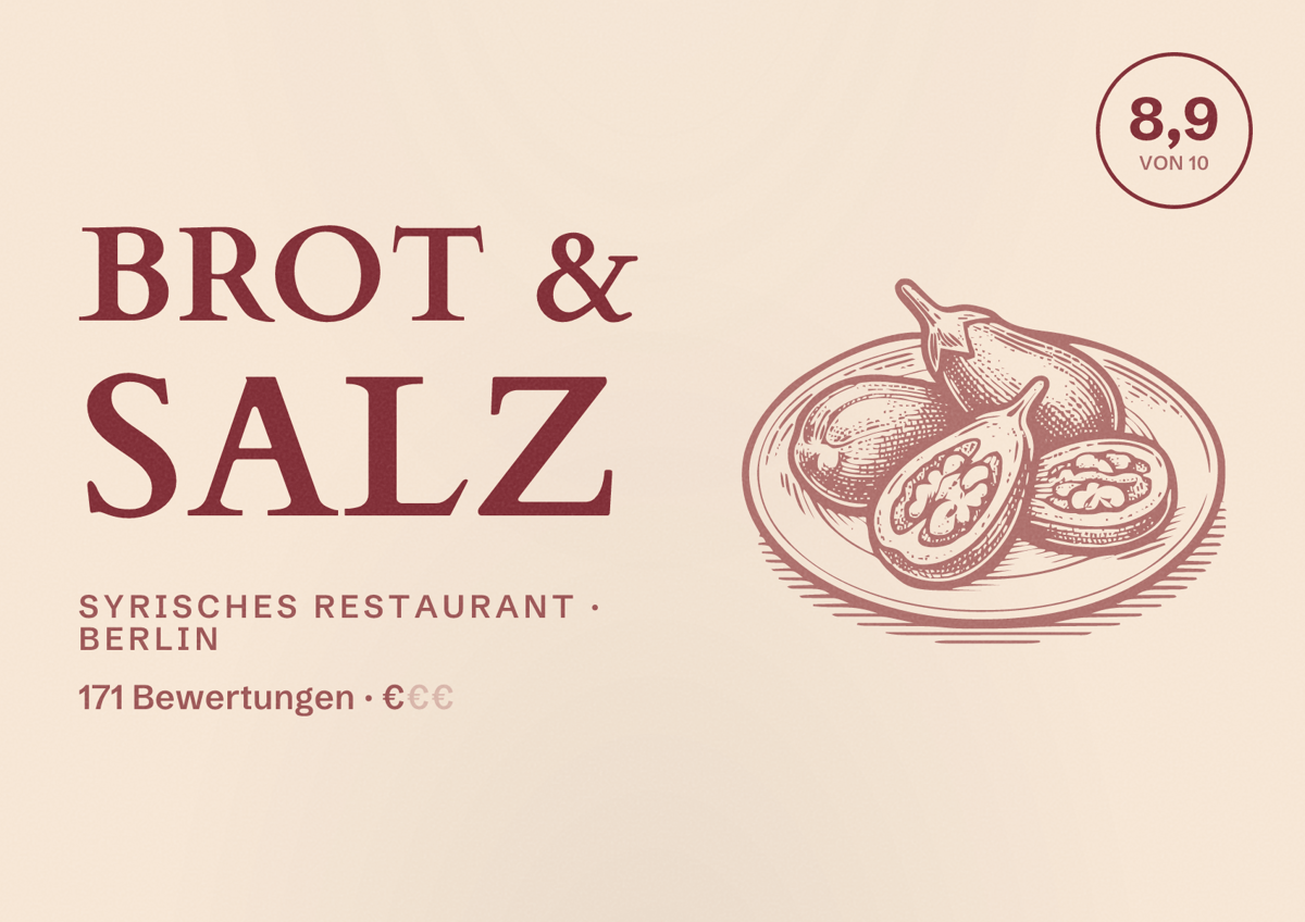 Illustriertes Poster von Brot & Salz, Syrisches Restaurant in Berlin: Bewertung 8,9 von 10 aus 171 Bewertungen, Preisniveau €