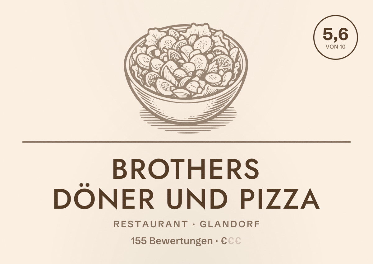 Illustriertes Poster von Brothers döner und pizza, Restaurant in Glandorf: Bewertung 5,6 von 10 aus 155 Bewertungen, Preisniveau €