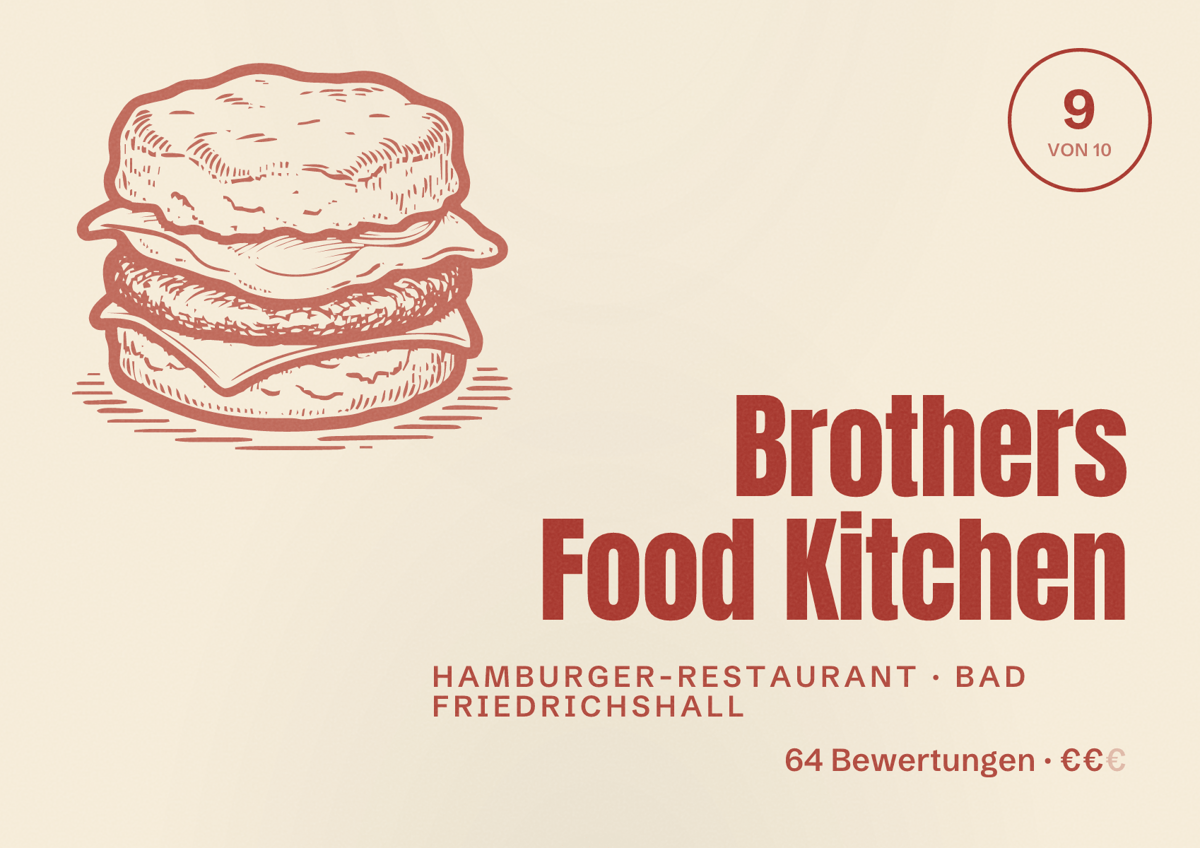 Illustriertes Poster von Brothers Food Kitchen, Hamburger-Restaurant in Bad Friedrichshall: Bewertung 9 von 10 aus 64 Bewertungen, Preisniveau €€