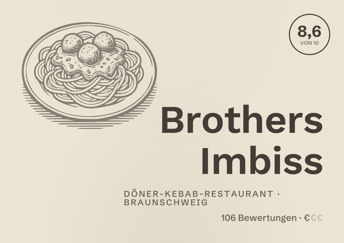 Illustriertes Poster von Brothers Imbiss, Döner-Kebab-Restaurant in Braunschweig: Bewertung 8,6 von 10 aus 106 Bewertungen, Preisniveau €
