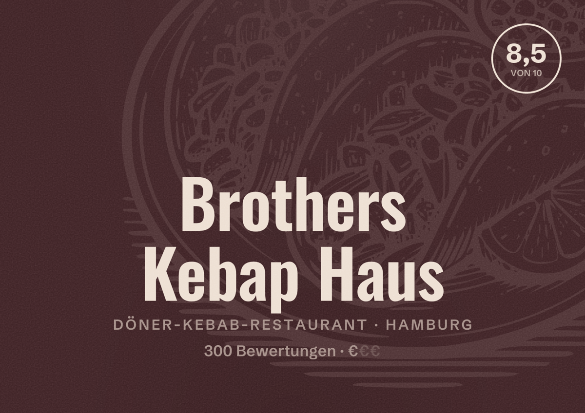Illustriertes Poster von Brothers Kebap Haus, Döner-Kebab-Restaurant in Hamburg: Bewertung 8,5 von 10 aus 300 Bewertungen, Preisniveau €