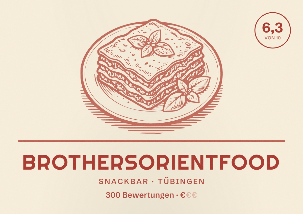 Illustriertes Poster von Brothersorientfood, Snackbar in Tübingen: Bewertung 6,3 von 10 aus 300 Bewertungen, Preisniveau €