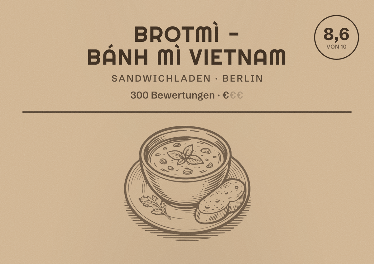 Illustriertes Poster von BrotMì - Bánh Mì Vietnam, Sandwichladen in Berlin: Bewertung 8,6 von 10 aus 300 Bewertungen, Preisniveau €