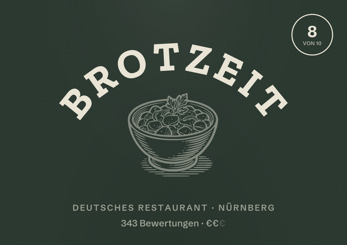 Illustriertes Poster von BrotZeit, Deutsches Restaurant in Nürnberg: Bewertung 8,0 von 10 aus 343 Bewertungen, Preisniveau €€