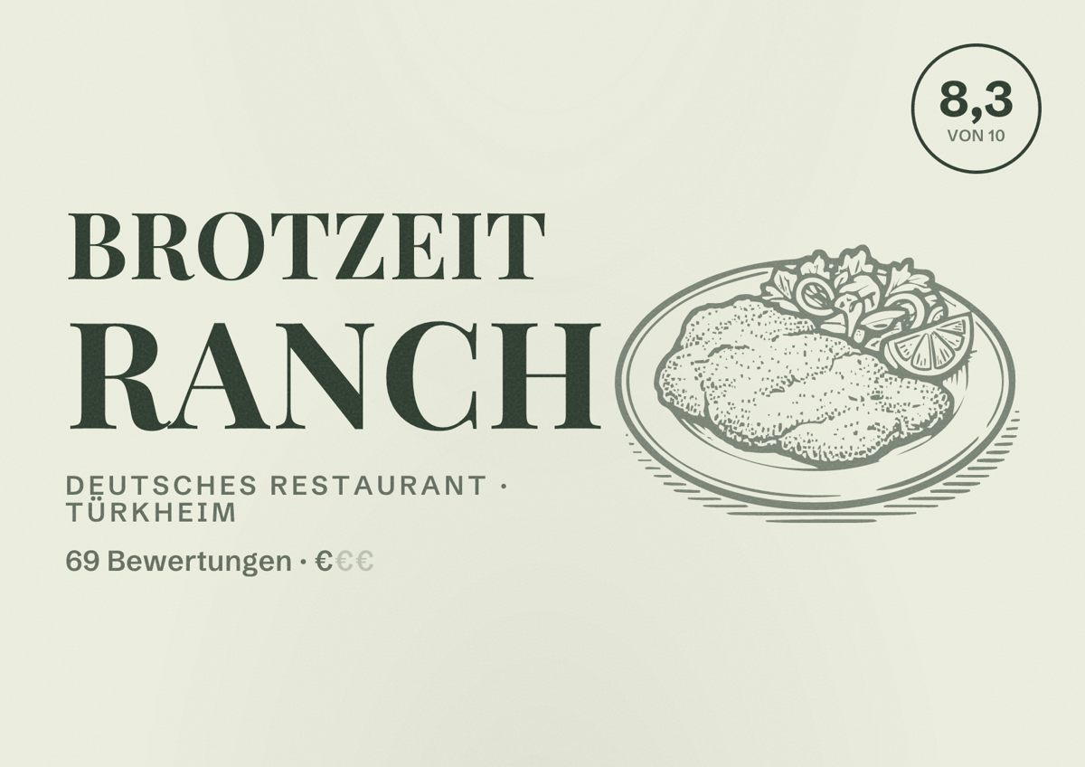 Illustriertes Poster von Brotzeit Ranch, Deutsches Restaurant in Türkheim: Bewertung 8,3 von 10 aus 69 Bewertungen, Preisniveau €