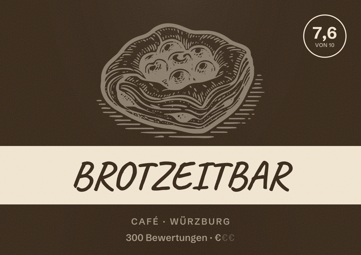 Illustriertes Poster von BROTZEITBAR, Café in Würzburg: Bewertung 7,6 von 10 aus 300 Bewertungen, Preisniveau €