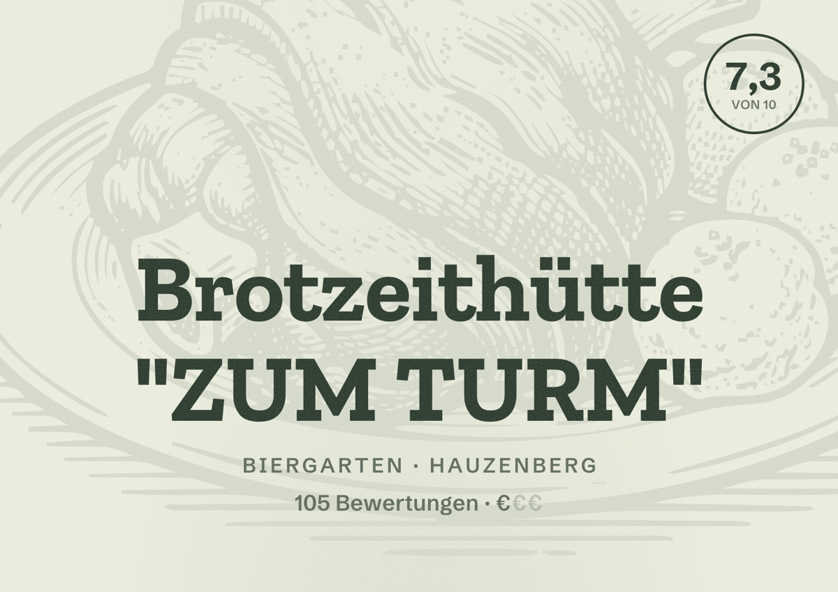 Illustriertes Poster von Brotzeithütte "ZUM TURM", Biergarten in Hauzenberg: Bewertung 7,3 von 10 aus 105 Bewertungen, Preisniveau €