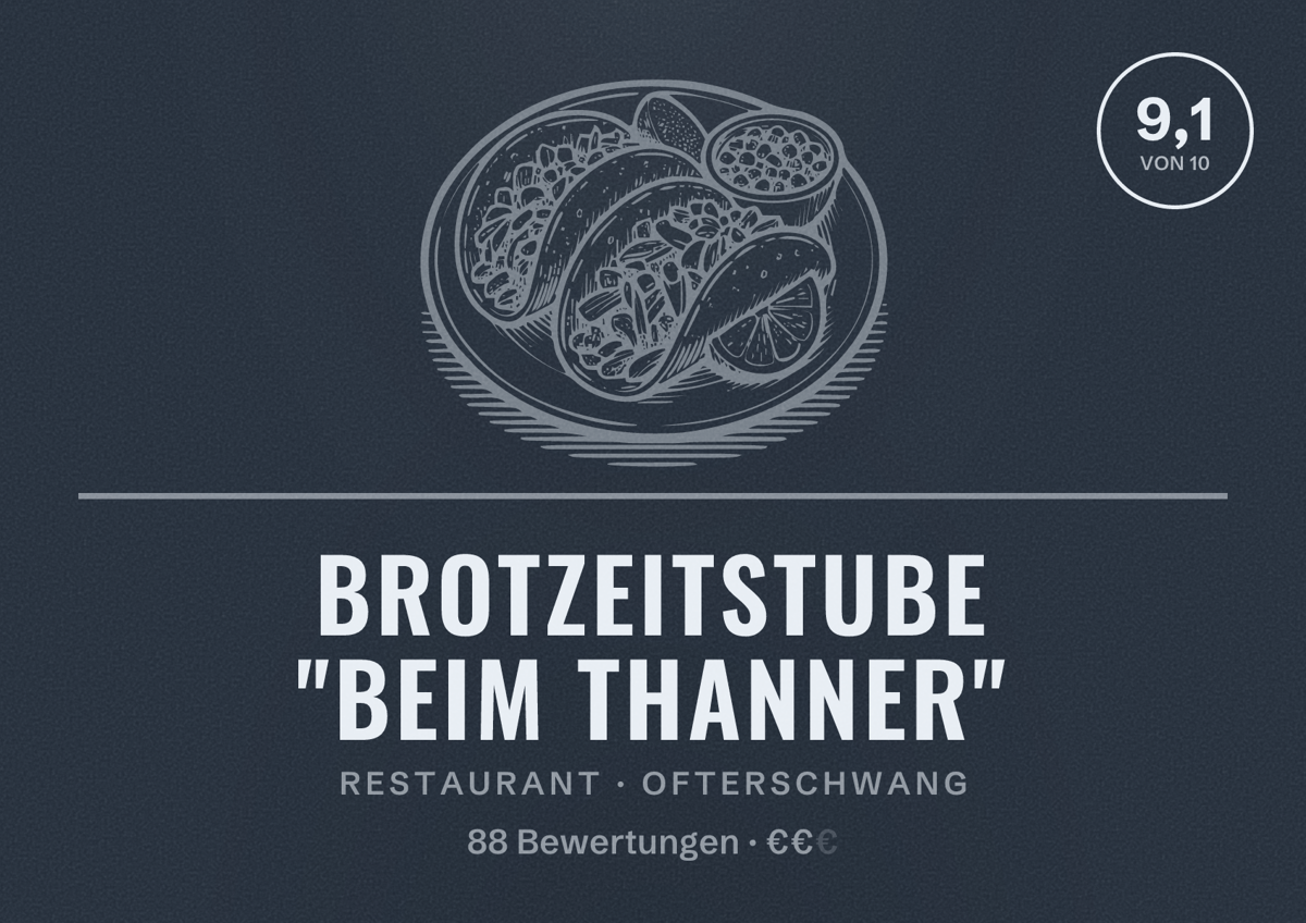 Illustriertes Poster von Brotzeitstube "Beim Thanner", Restaurant in Ofterschwang: Bewertung 9,1 von 10 aus 88 Bewertungen, Preisniveau €€