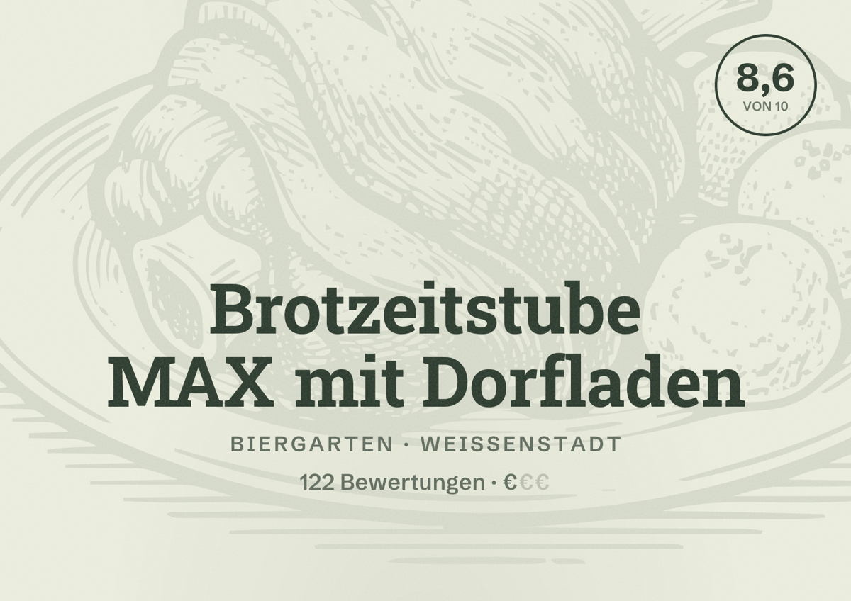 Illustriertes Poster von Brotzeitstube MAX mit Dorfladen, Biergarten in Weißenstadt: Bewertung 8,6 von 10 aus 122 Bewertungen, Preisniveau €