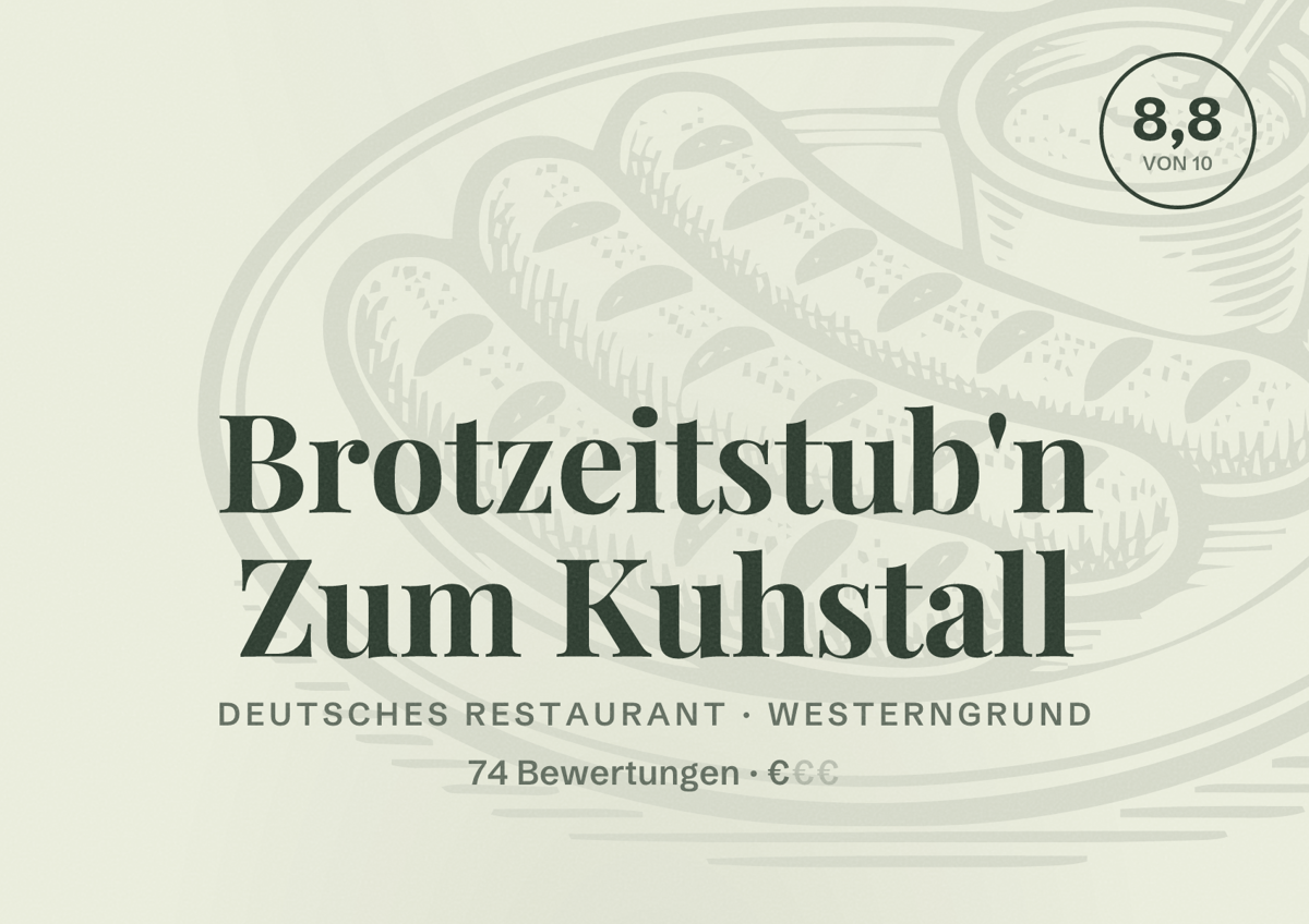 Illustriertes Poster von Brotzeitstub'n Zum Kuhstall, Deutsches Restaurant in Westerngrund: Bewertung 8,8 von 10 aus 74 Bewertungen, Preisniveau €