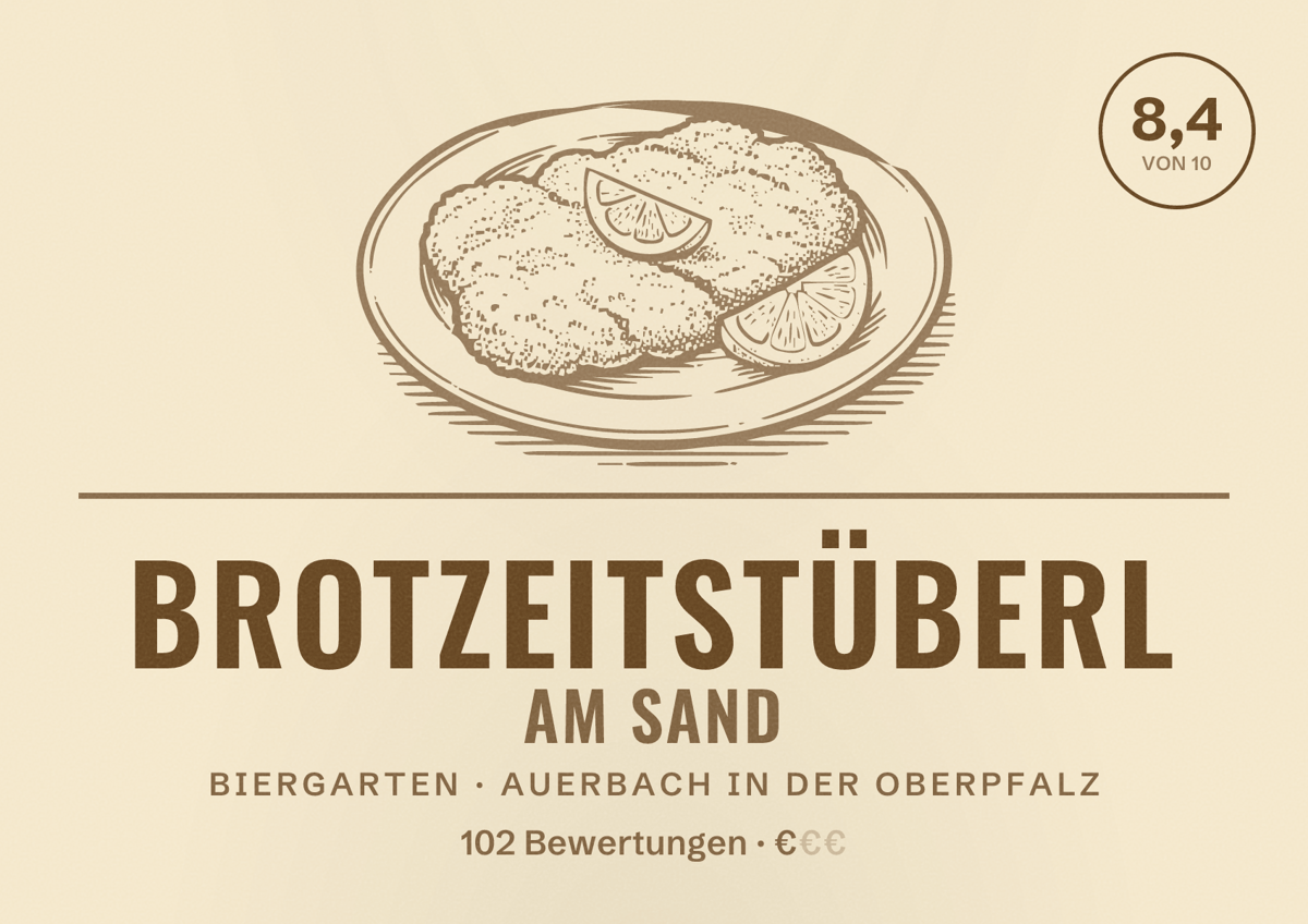 Illustriertes Poster von Brotzeitstüberl am Sand, Biergarten in Auerbach in der Oberpfalz: Bewertung 8,4 von 10 aus 102 Bewertungen, Preisniveau €