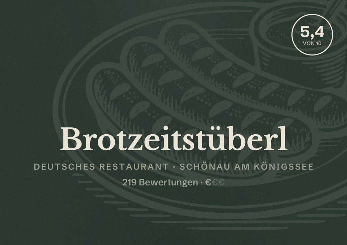 Illustriertes Poster von Brotzeitstüberl, Deutsches Restaurant in Schönau am Königssee: Bewertung 5,4 von 10 aus 219 Bewertungen, Preisniveau €