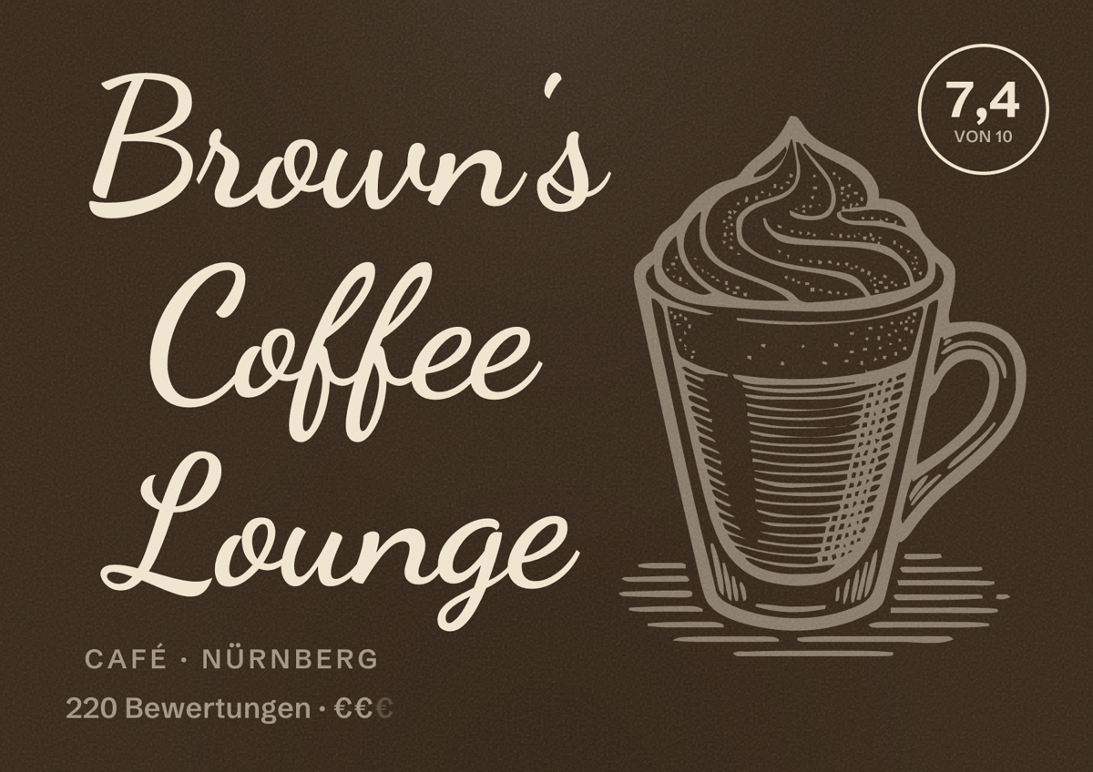 Illustriertes Poster von Brown's Coffee Lounge, Café in Nürnberg: Bewertung 7,4 von 10 aus 220 Bewertungen, Preisniveau €€