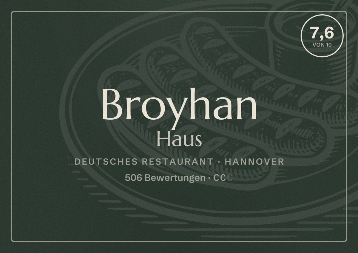 Illustriertes Poster von Broyhan Haus, Deutsches Restaurant in Hannover: Bewertung 7,6 von 10 aus 506 Bewertungen, Preisniveau €€
