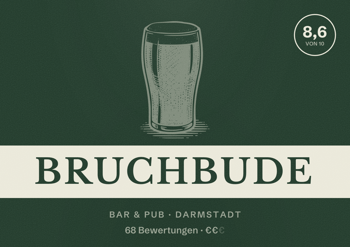 Illustriertes Poster von Bruchbude, Bar & Pub in Darmstadt: Bewertung 8,6 von 10 aus 68 Bewertungen, Preisniveau €€