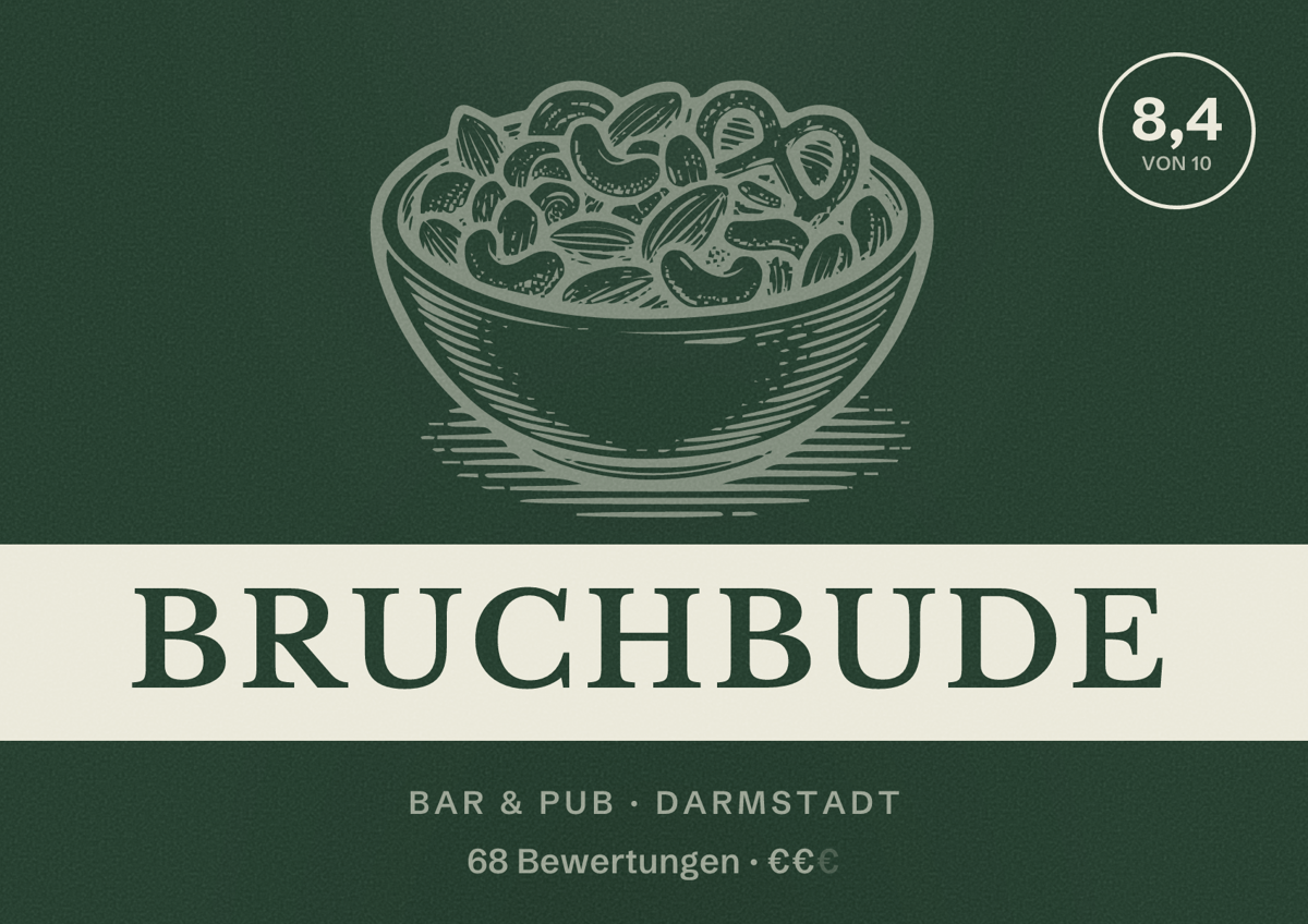 Illustriertes Poster von Bruchbude, Bar & Pub in Darmstadt: Bewertung 8,4 von 10 aus 68 Bewertungen, Preisniveau €€