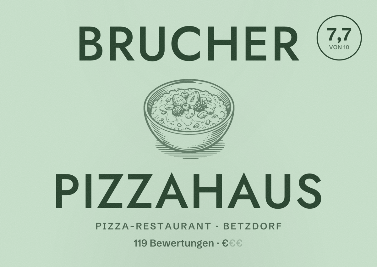 Illustriertes Poster von Brucher Pizzahaus, Pizza-Restaurant in Betzdorf: Bewertung 7,7 von 10 aus 119 Bewertungen, Preisniveau €