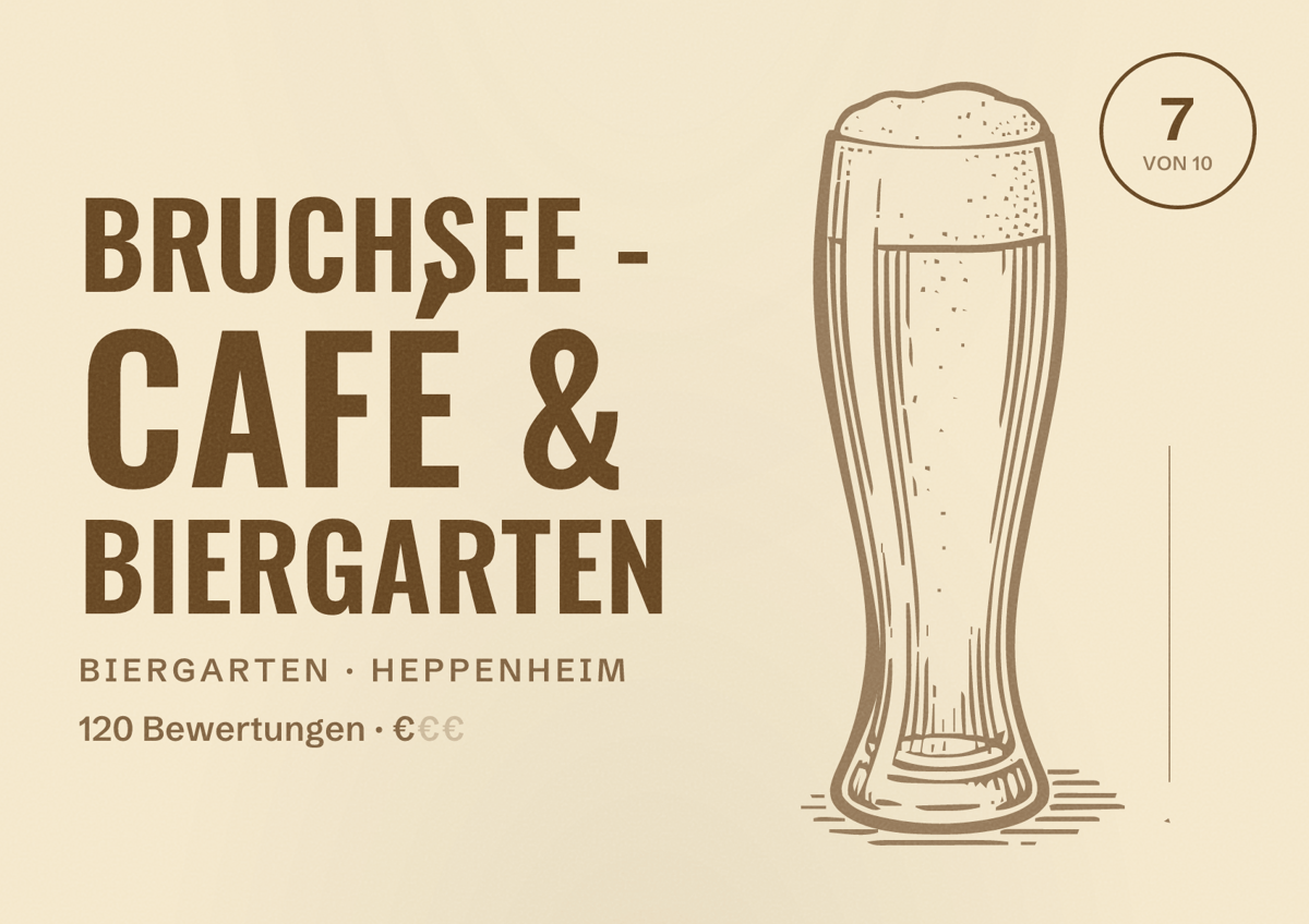 Illustriertes Poster von Bruchsee - Café & Biergarten, Biergarten in Heppenheim: Bewertung 7 von 10 aus 120 Bewertungen, Preisniveau €