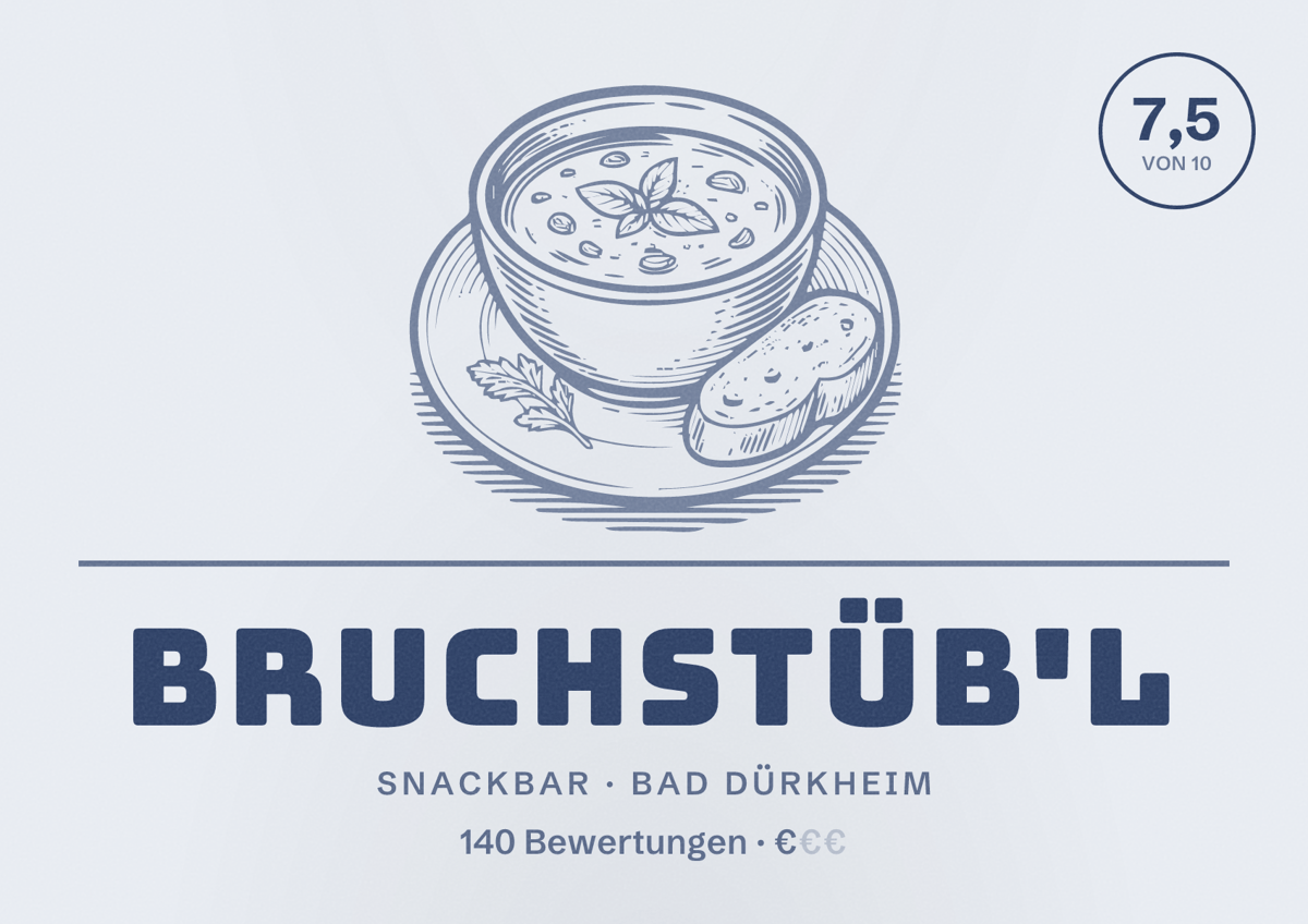 Illustriertes Poster von Bruchstüb'l, Snackbar in Bad Dürkheim: Bewertung 7,5 von 10 aus 140 Bewertungen, Preisniveau €
