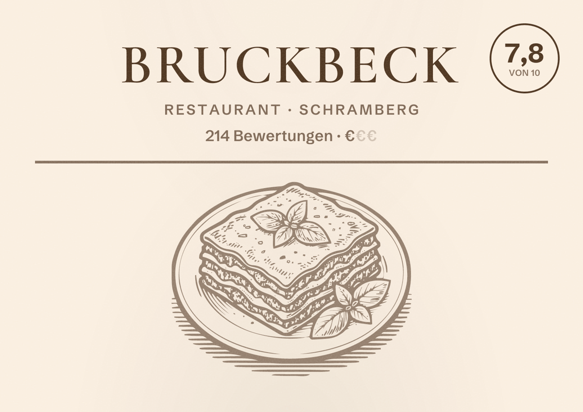 Illustriertes Poster von Bruckbeck, Restaurant in Schramberg: Bewertung 7,8 von 10 aus 214 Bewertungen, Preisniveau €