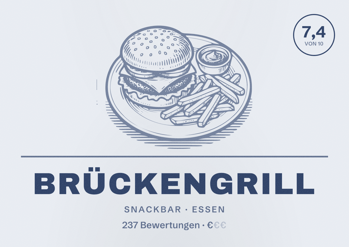 Illustriertes Poster von Brückengrill, Snackbar in Essen: Bewertung 7,4 von 10 aus 237 Bewertungen, Preisniveau €